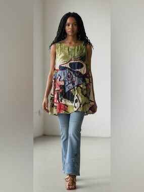 3 Potato Abstract Print Sleeveless Tunic Top - Olive, Blue, Red S/M